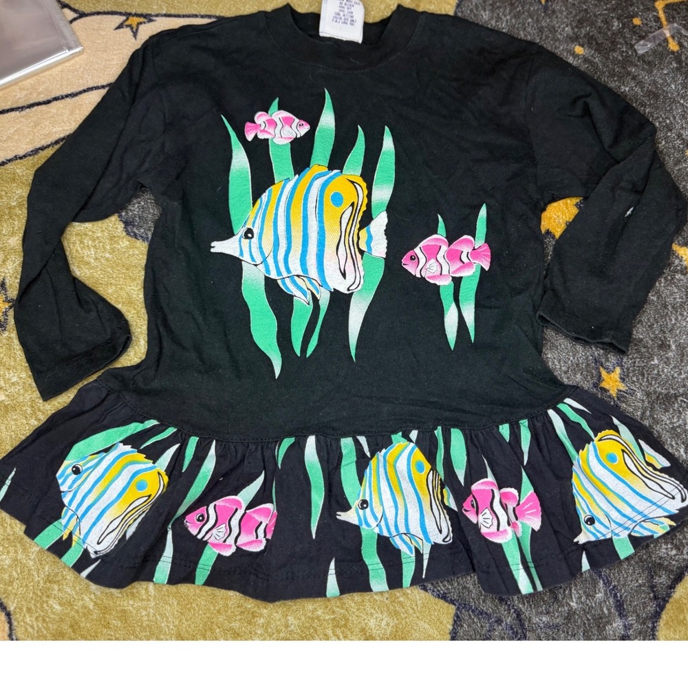 Vintage Spumoni by Rose Cage Tropical Fish  Dress Black Girls Small 7-14